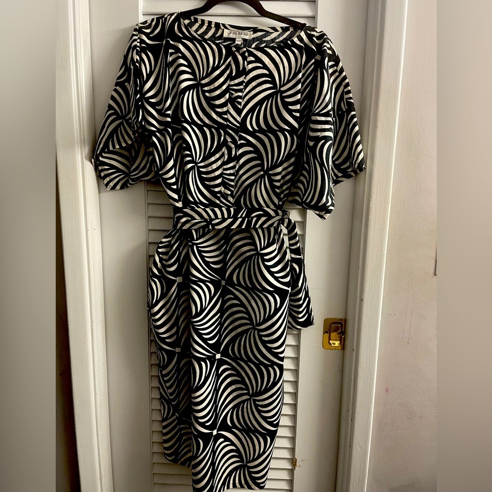 Andrea Behar Jabe Bold Black/White Belted Cotton Sheath w/Pockets, Petite Plus